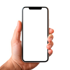 Hand holding smartphone with transparent screen on transparent background. Mockup template for artwork design. AI Generative
