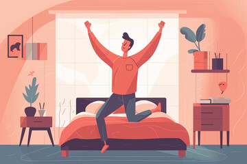 A happy young man stretches in his bedroom after waking up. He is smiling and excited to start his day by doing morning gymnastics in bed. Vector graphic
