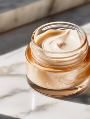 Luxury gold face cream jar on luxurious marble under golden sunlight at spa, beauty and skincare product, generative ai