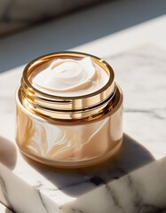 Luxury gold face cream jar on luxurious marble under golden sunlight at spa, beauty and skincare product, generative ai