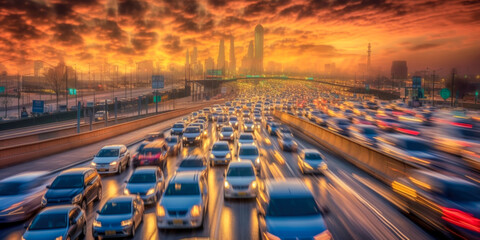 Obraz premium Car traffic aerial view - Generative AI