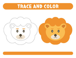 Trace and color cute lion. Worksheet for kids