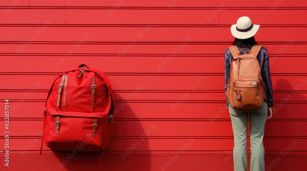 Poster a person standing next to a red wall with a backpack. generative ai image.