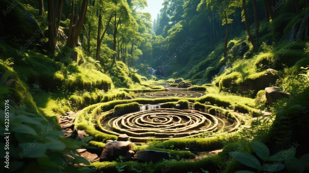 Poster a spiral maze in the middle of a forest. generative ai image.