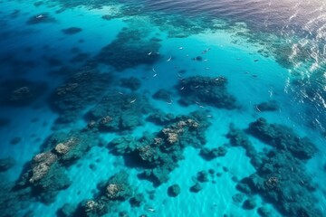Naklejka na ściany i meble Photographic Close-Up of Flying over an Ocean Reef Teeming with Sharks, Showcasing the Enchanting Light Blue and Turquoise Hues of Australia's Coastal Landscapes