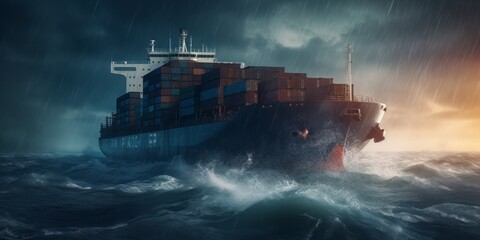 cargo ship at wild sea, Dynamic and Action-Packed Cargo Ship Transport and Logistics with Attention to Atmospheric Effects