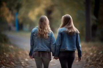 Female couple walk together. Two teenage girls walk holding hands in spring. Spring walk of lesbian girlfriends. Close friendship of girls. LGBT balance, and harmony in relationships. Generative AI - Powered by Adobe