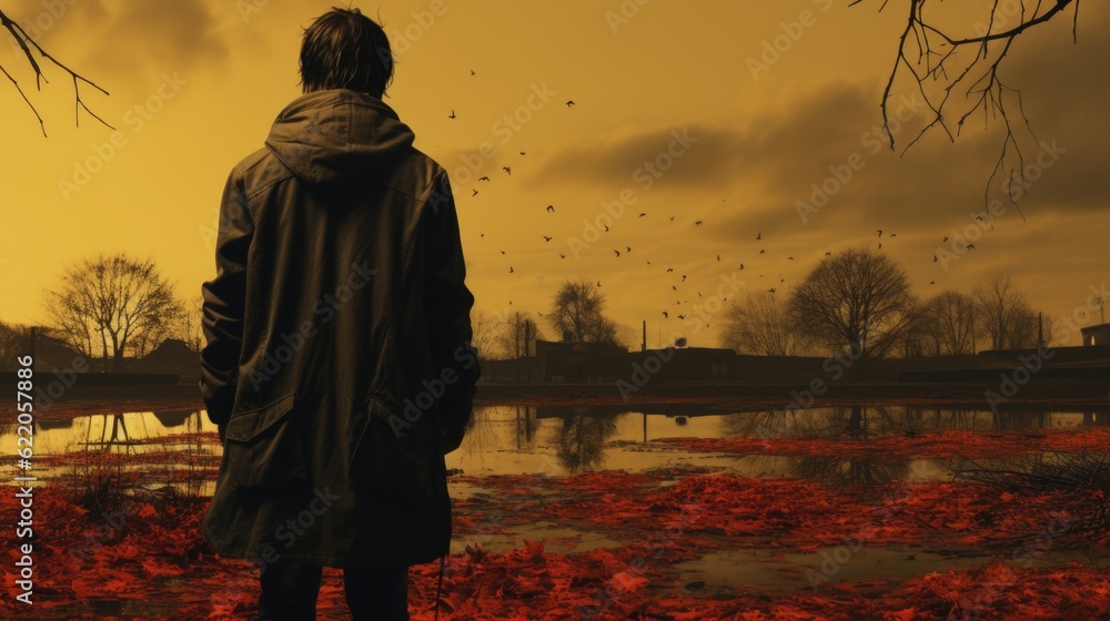 Aufkleber a man standing in a field of red leaves. generative ai image.