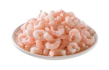 Heap of frozen boiled shrimps on a plate cutout. Plate of cooked peeled prawn tails isolated on a white background. Frozen shrimps prepared for cooking. Seafood recipe.