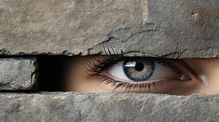 A woman's eye peers through a hole in a stone wall. Generative AI image.