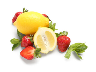 Fototapeta na wymiar Ingredients for preparing strawberry lemonade on white background
