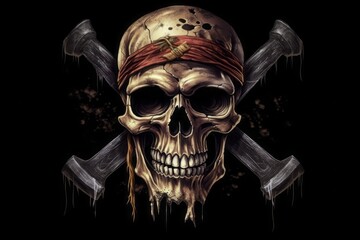 skull and crossbones, Skull and Crossbones: Frontal Skull with Crossed Bones in Pirate Style on a Black Background - obrazy, fototapety, plakaty