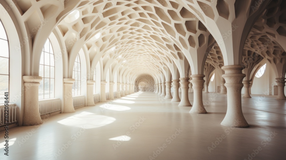 Poster an empty room with arches and columns. generative ai image.