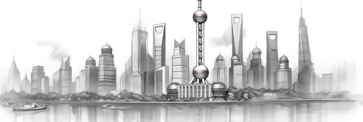 Fototapeta na wymiar Shanghai city panorama, urban landscape. Business travel and travelling of landmarks. Illustration, web background. Buildings silhouette. China - Generative AI