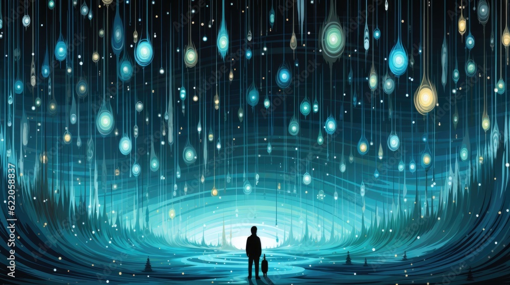Poster a man standing in front of a tunnel of lights. generative ai image.