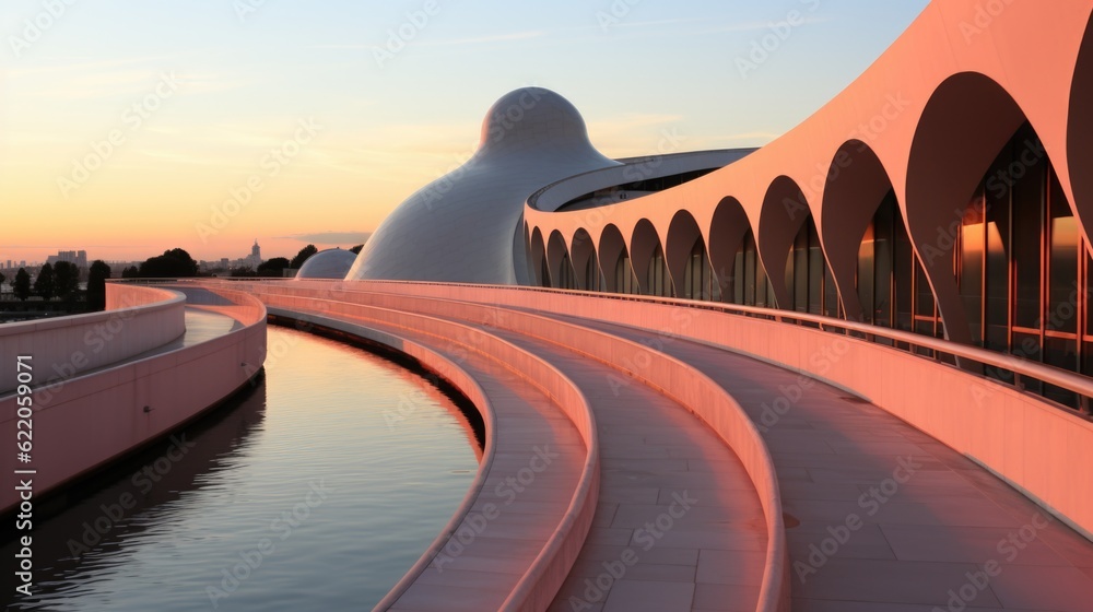 Poster a building with a curved walkway next to a body of water. generative ai image.