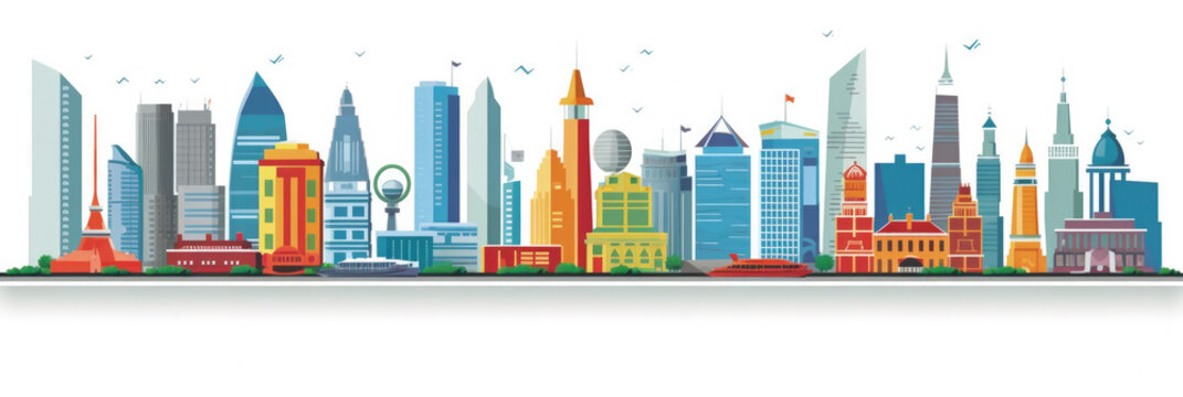 colorful city skyline buildings, flat design clip art preview