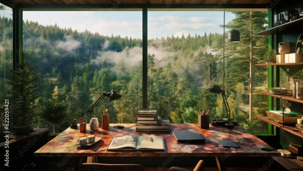 Poster 3d rendering of a coffee shop interior with mountains in the background generative ai