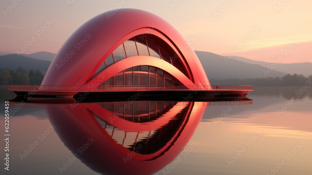 Aufkleber a large red building sitting on top of a lake. generative ai image.