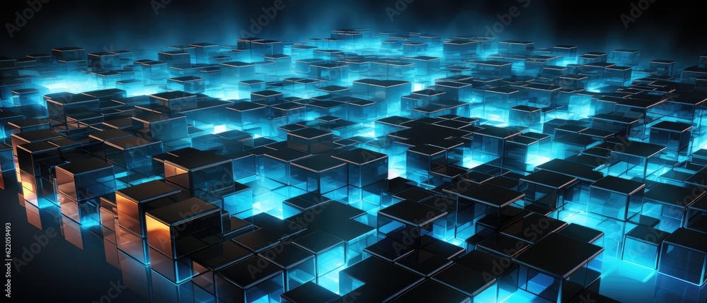 Poster full view background, interlocking web of neon blue and cyan cubes. generative ai