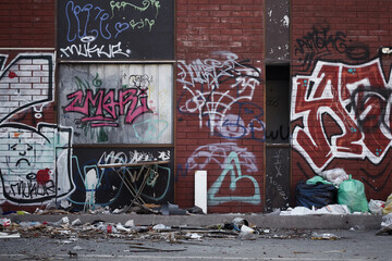 Santiago, Chile - May 29, 2022 - dirty alleyway with graffiti