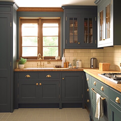 Dark blue country kitchen design, interior decor and house improvement, classic English in frame kitchen cabinets, countertop and applience house, elegant cottage style, generative ai