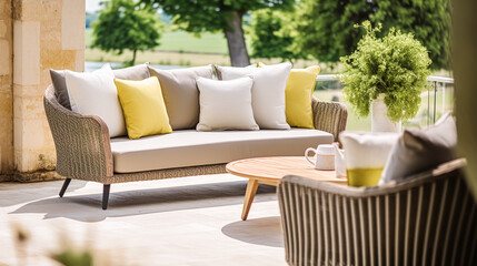 Garden furniture in the countryside in summer, home decor and interior design, generative ai