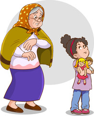 angry girl and grandma.Picture of a grandmother talking to her granddaughter on a white background.