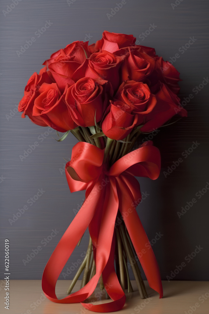 Poster bouquet of red roses with a red ribbon on a dark background generative ai