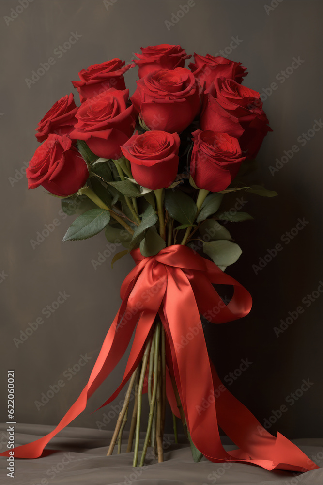 Poster bouquet of red roses with a red ribbon on a dark background generative ai