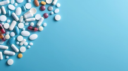 Pile of different pills on light blue background, flat lay. Place for text