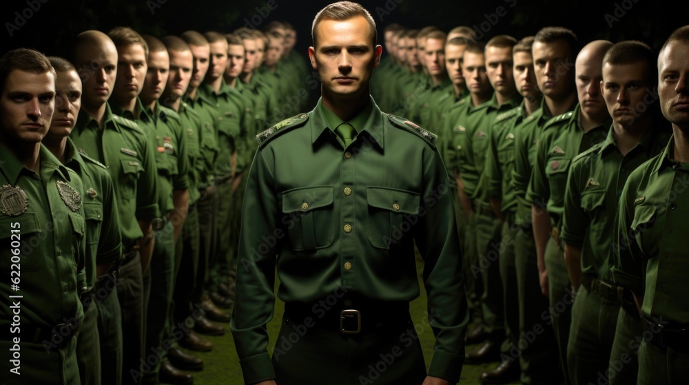 Poster a man standing in front of a group of soldiers. generative ai image.