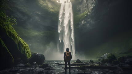 An image of a person from behind standing at the edge of a majestic waterfall capturing the awe of...