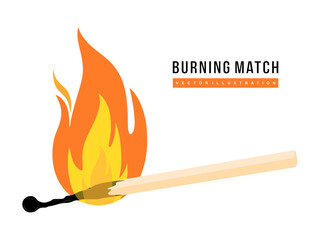 Burning match isolated. Lit match stick burning with fire flame isolated on white background. Wooden match with fire in flat style. Hot Matchstick vector illustration
