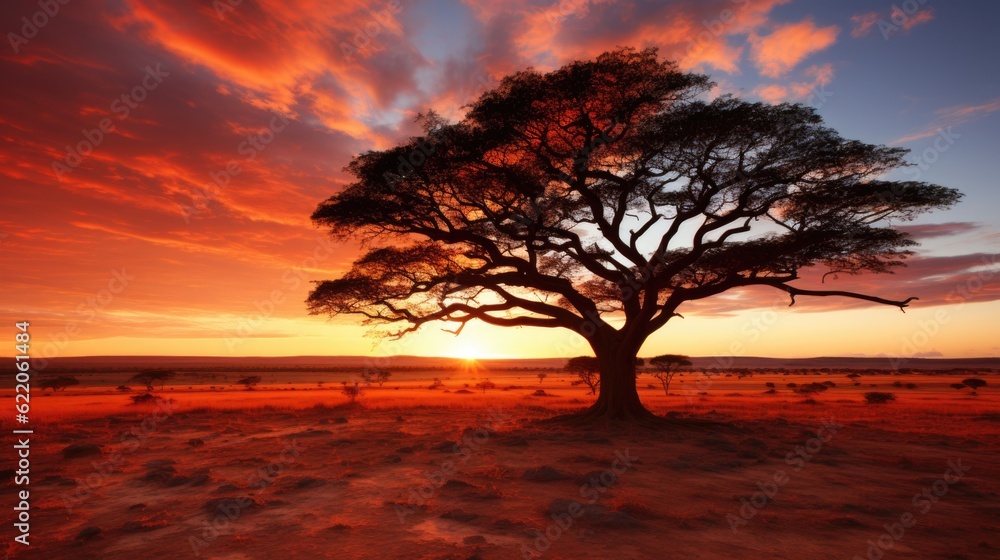 Poster a lone tree in a field at sunset. generative ai image.