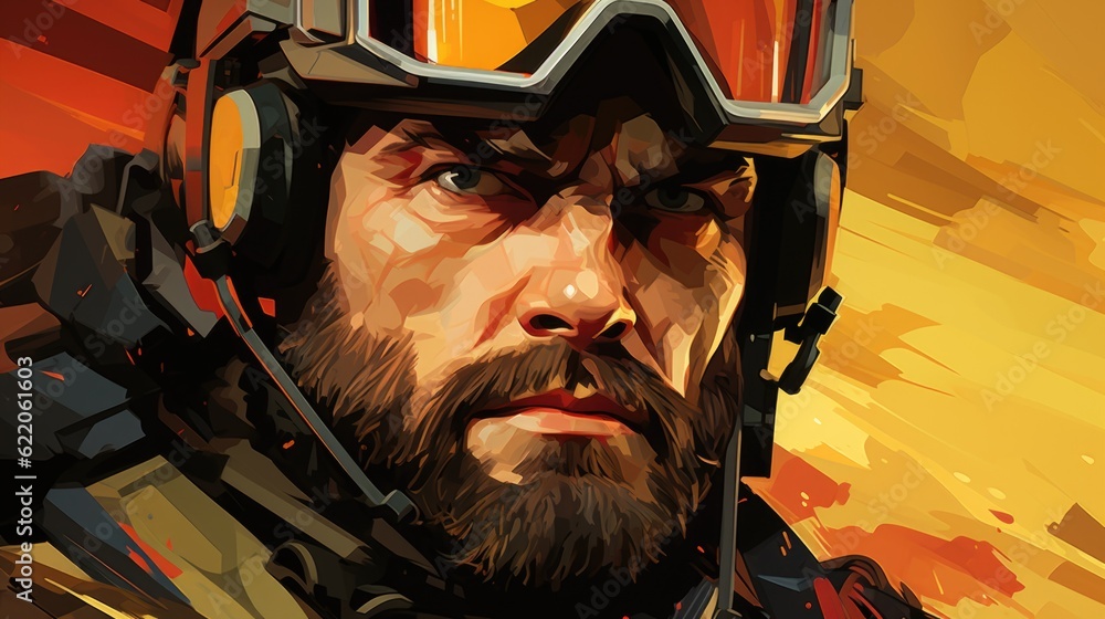 Poster a man with a beard wearing a helmet and goggles. generative ai image.