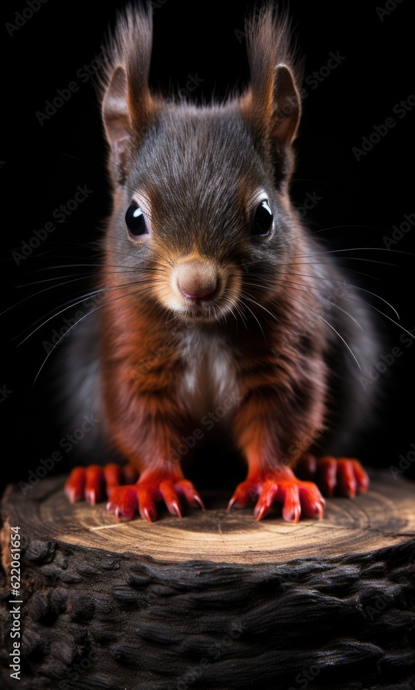 Poster a close up of a squirrel on a tree stump. generative ai image.