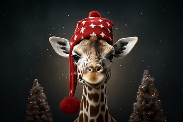 Happy New Year and Merry Christmas banner. Portrait of cute giraffe head in Santa hat with copy-space. Close-up of funny animal in red Christmas hat - obrazy, fototapety, plakaty