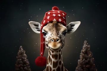 Zelfklevend Fotobehang Happy New Year and Merry Christmas banner. Portrait of cute giraffe head in Santa hat with copy-space. Close-up of funny animal in red Christmas hat © Valeriia