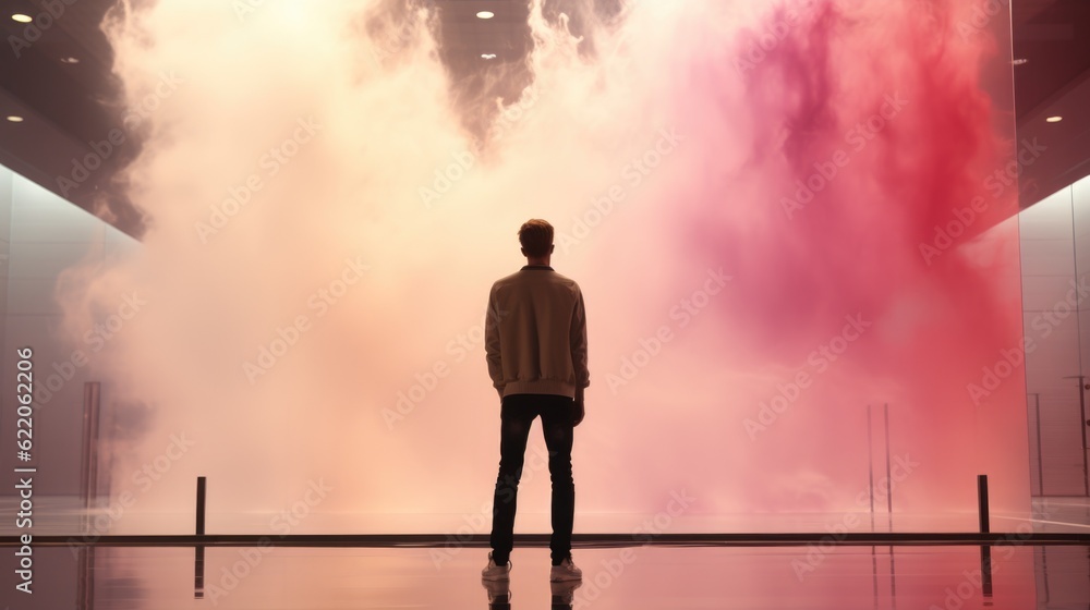 Aufkleber a man standing in front of a pink cloud. generative ai image.