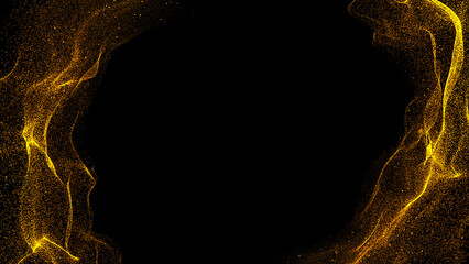 Golden energy particles wave abstract background. Futuristic glittering tail in space on black background. Abstract glowing plasma burst.