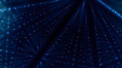 Blue abstract glowing digital dot array pattern in elegant dark space. 3D illustration of glowing decorative data point particle mesh. Futuristic technology background for storage network security.