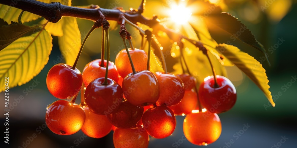 Poster a bunch of cherries hanging from a tree. generative ai image.