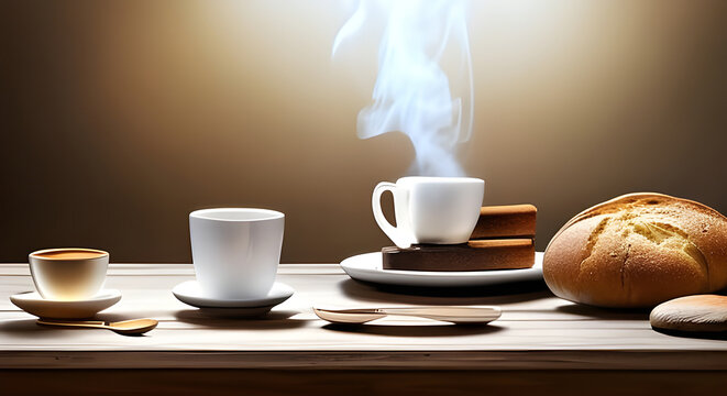 Illustration still life with steaming bread and coffee in dramatic tones