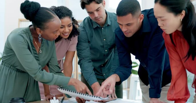 Paperwork, teamwork and group of business development employees planning a strategy for company or startup growth. Document, discussion and team or professional people talking for collaboration