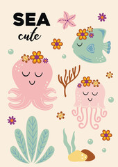 cute sea poster with octopus, jellyfish, fish