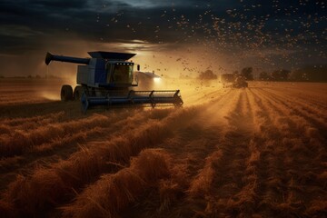 Fototapeta premium Harvesting. wheat, grain, tractor, combine harvester. A set of works at the final stage of farming. Harvested crops, fertility and family well-being. Harvesting mature produce and food. Generative AI