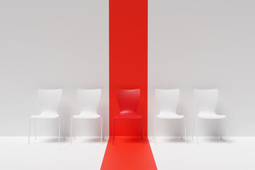 Highlighted red chair in the middle of a row of white chairs on white background. Illustration of the concept of right candidate in job interviews