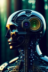 renderização 3D de um robô feminino com inteligência artificial em um fundo escuro