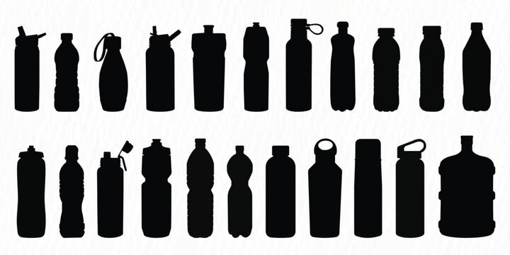 Various types of plastic, steel, glass water bottle silhouette set